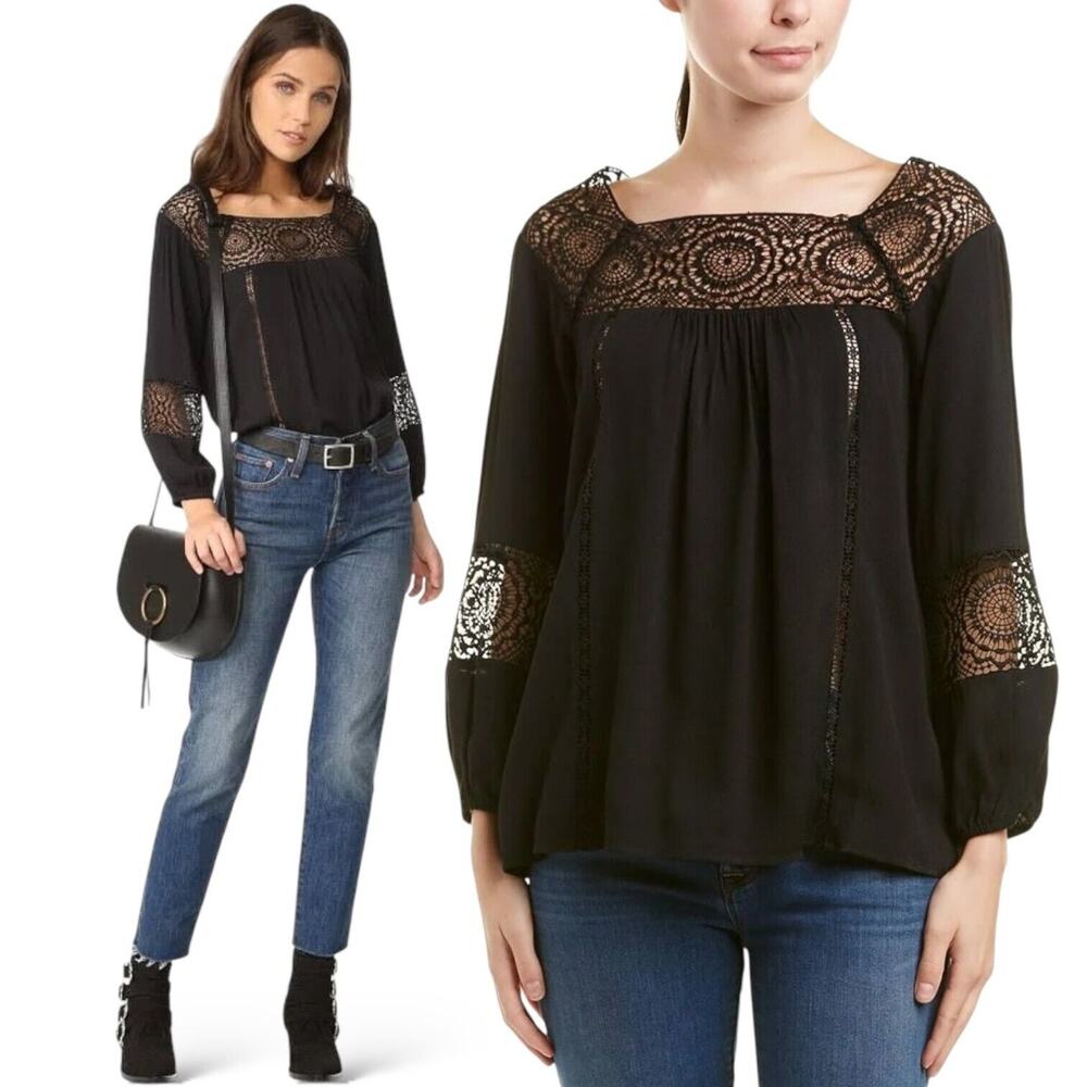 Joie Bellange Crochet Lace Peasant Top Blouse Balloon Sleeve Boho Coquette Black